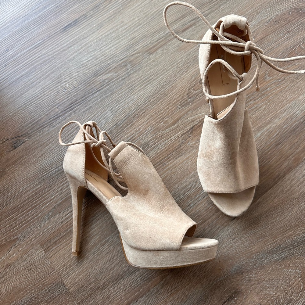 Women Heels - Beige Suede with Peep-Toe Heels and Ankle straps
